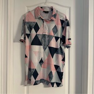 Yatta Golf Shirt Mens Short Sleeve Stretch Polo Golfing Pink Geometric - Medium